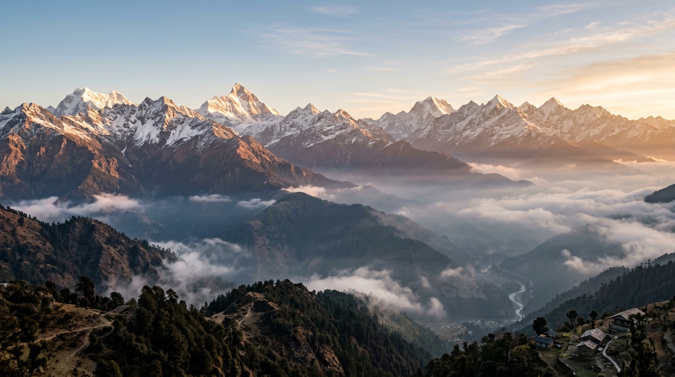 Golden dawn over misty Himalayan valley in Uttarkashi